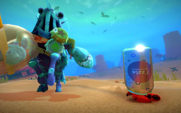 HD desktop wallpaper of a crab character from the video game Another Crab's Treasure, exploring an underwater scene with a unique soda can device.