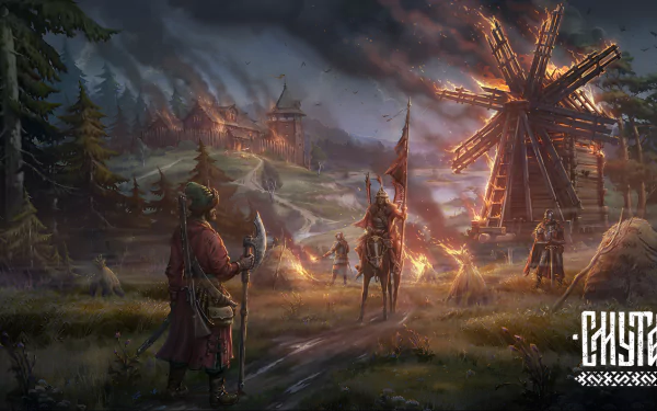 HD desktop wallpaper from the video game Smuta, featuring a medieval scene with a windmill and warriors by a campfire.