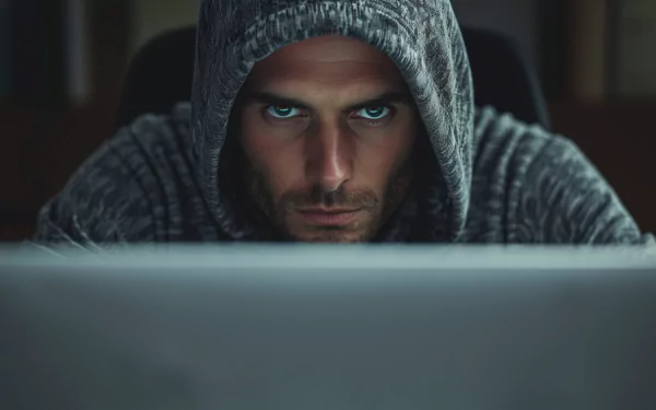 HD desktop wallpaper featuring a focused man in a hood, staring intently at a computer screen, embodying a hacker.