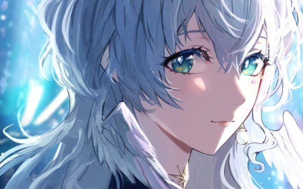 HD desktop wallpaper featuring Robin from Honkai: Star Rail, with detailed blue hair and striking green eyes, set against a soft, glowing background.