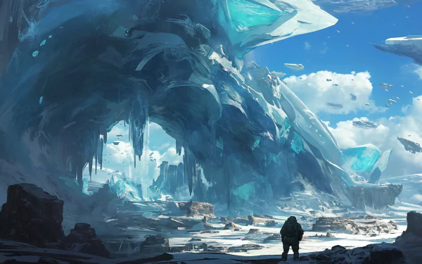 HD wallpaper from Halo Infinite, featuring a soldier observing a vast icy landscape with towering crystal formations under a blue sky.