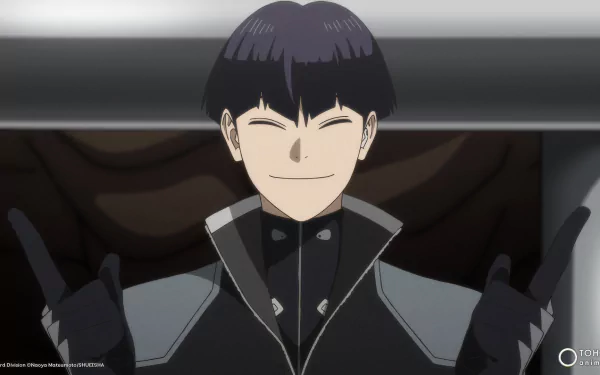 A high-definition desktop wallpaper featuring Soushirou Hoshina from the anime Kaiju No. 8, showcasing his cheerful expression and stylish outfit.