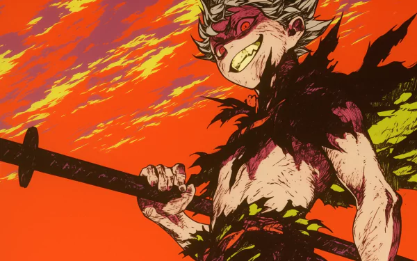HD wallpaper of Asta from Black Clover, illustrated with a vibrant orange and red sky background, wielding a sword.