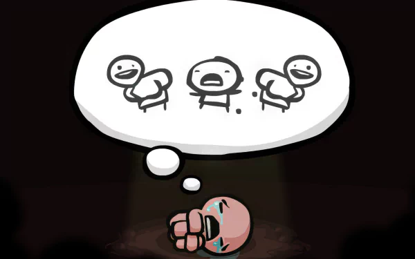 HD desktop wallpaper from The Binding of Isaac featuring a somber scene with a character imagining two cheerful versions of themselves.