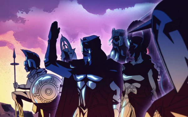 HD desktop wallpaper from Blood of Zeus featuring animated Greek gods silhouetted against a vivid purple sunset.