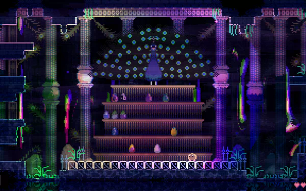 HD desktop wallpaper featuring a scene from the video game Animal Well, showcasing a colorful, pixelated underground setting with mystical architecture and glowing elements.