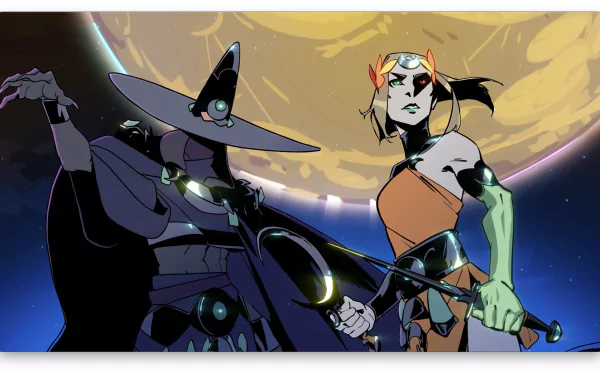 HD desktop wallpaper from Hades II featuring two stylized characters ready for battle against a cosmic backdrop.