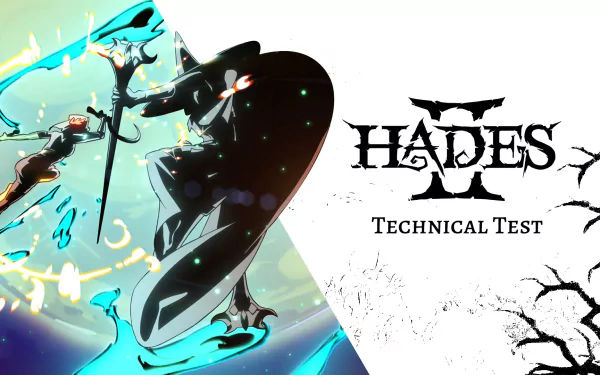 HD desktop wallpaper featuring artwork from Hades II, depicting an animated character in dynamic action with a shield and sword, alongside the game's stylized logo.