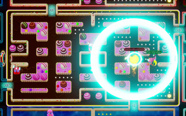 HD desktop wallpaper from PAC-MAN Mega Tunnel Battle: Chomp Champs, featuring a vibrant maze design with neon lights and game elements.