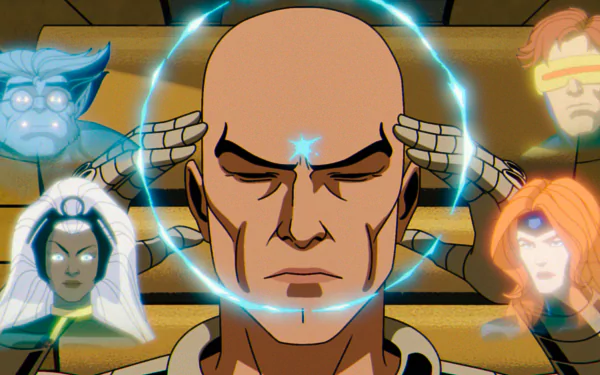 HD desktop wallpaper featuring Professor X from X-Men '97, surrounded by glowing images of other team members.