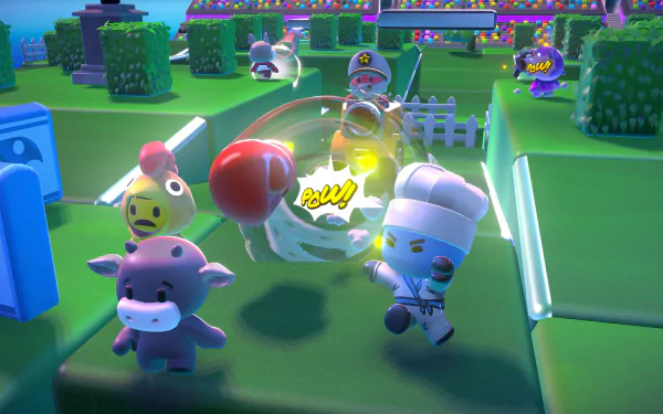 HD desktop wallpaper from the video game Rumble Club featuring colorful cartoon characters engaged in a playful battle in a vibrant, toy-like setting.