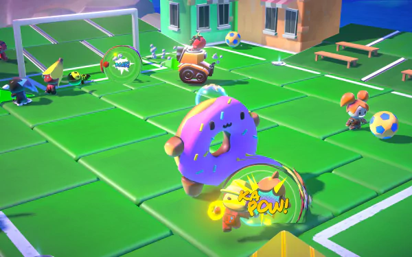 HD desktop wallpaper featuring a vibrant scene from the video game Rumble Club, with colorful characters and playful action on a pixel-style football field.