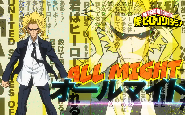 Anime 4K Ultra HD PC wallpaper of All Might from My Hero Academia—dynamic split image: suited civilian All Might and heroic masked form with bold title text.
