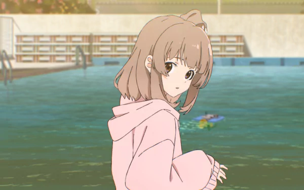 Anime girl in a pink hoodie standing by a pool, with a trapezium-shaped water surface visible, designed as a high-definition desktop wallpaper.