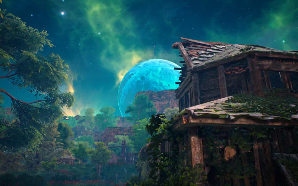 HD wallpaper depicting a scenic view from the video game Biomutant, featuring a rustic house with a large, glowing blue planet in the night sky.