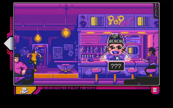 HD desktop wallpaper of a scene from the video game Read Only Memories: NEURODIVER featuring characters in a neon-lit bar.