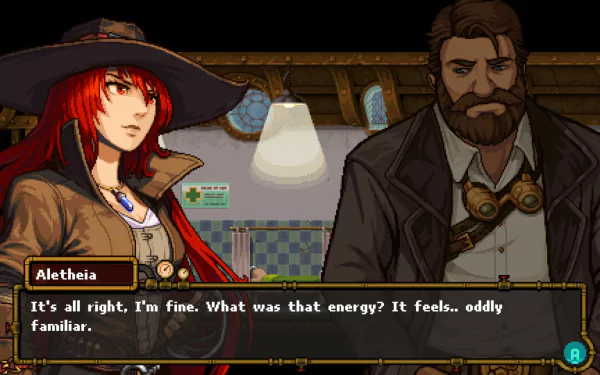 HD wallpaper of the video game Gestalt: Steam & Cinder, featuring characters Aletheia and another individual in a dialogue scene. Text reads: It's all right, I'm fine. What was that energy? It feels... oddly familiar.