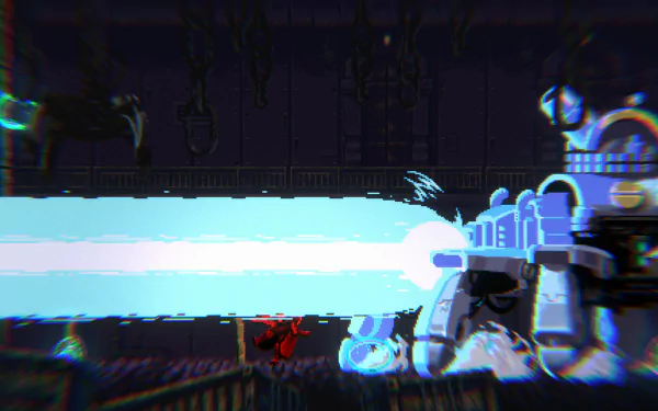 HD desktop wallpaper of a scene from the video game Gestalt: Steam & Cinder, featuring a blue robot emitting a powerful beam and a character in red evading it in a dark, industrial environment.