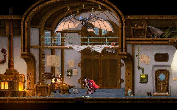 HD desktop wallpaper of Gestalt: Steam & Cinder video game, depicting a steampunk-style interior with characters interacting and a mechanical bat hovering overhead.