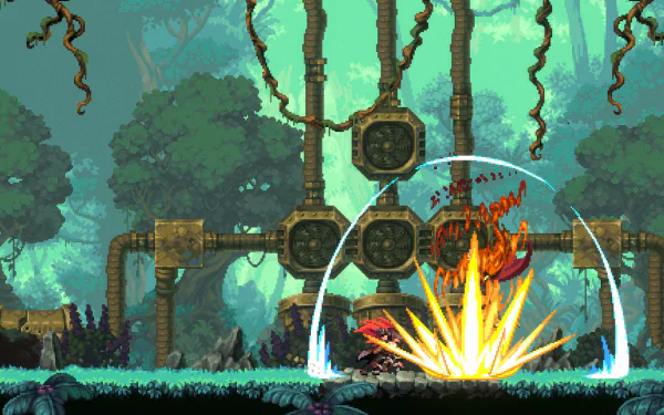 HD desktop wallpaper of the video game Gestalt: Steam & Cinder featuring a dynamic action scene with characters fighting in a lush, mechanical jungle environment.