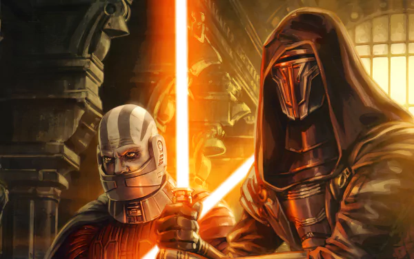 HD desktop wallpaper featuring Darth Revan and Darth Malak from Star Wars: Knights of the Old Republic, showcasing their iconic lightsabers in a dramatic, ancient setting.