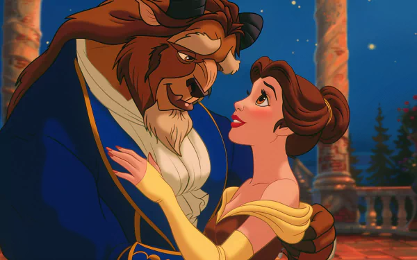 HD Disney desktop wallpaper featuring Belle and the Beast from the 1991 movie Beauty and the Beast, gazing lovingly at each other in a romantic setting.