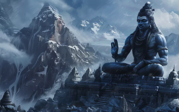 HD desktop wallpaper featuring a majestic depiction of the Hindu deity Shiva (Mahadev), poised in a serene meditative posture, set against an awe-inspiring mountainous landscape.