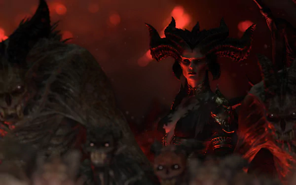 HD desktop wallpaper featuring Lilith from Diablo IV standing amidst eerie, dark creatures, with a fiery, intense background.