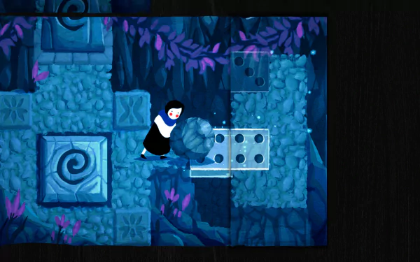 HD desktop wallpaper featuring a scene from the video game Paper Trail, showing a character pushing a rock in a blue, mystical environment with intricate patterns and glowing effects.