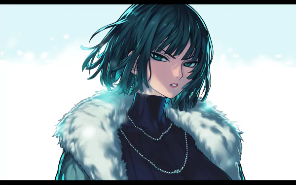 HD desktop wallpaper featuring Fubuki from One-Punch Man, depicted with intense eyes, short teal hair, and wearing a fur-lined coat, set against a light, softly blurred background.