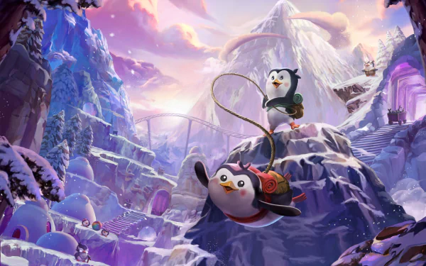 HD desktop wallpaper featuring the video game Bread & Fred with two penguin characters in a snowy, mountainous landscape, engaged in adventurous rope-climbing activities.