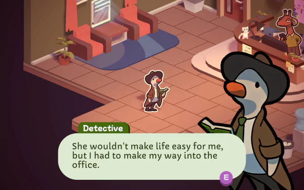 HD desktop wallpaper of Duck Detective: The Secret Salami video game. A duck detective holds a notepad, narrating, She wouldn't make life easy for me, but I had to make my way into the office.