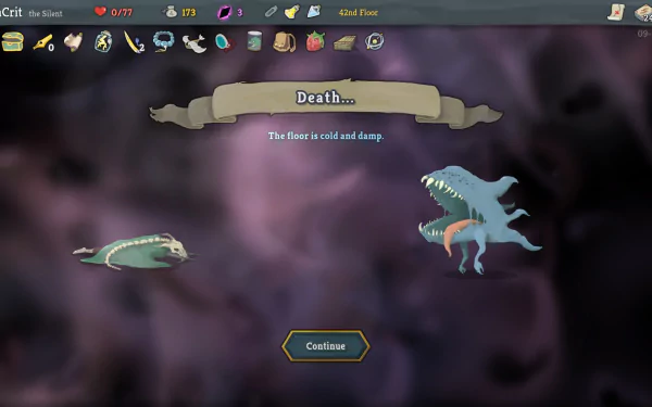 HD desktop wallpaper and background featuring a Game Over screen from the video game Slay the Spire. The screen shows the player’s death with a message reading, The floor is cold and damp.