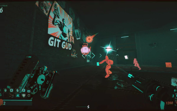 HD desktop wallpaper of the video game Robobeat featuring a neon-lit futuristic scene with robots and a GIT GUD poster on the wall.