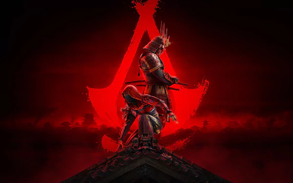HD PC desktop wallpaper featuring two characters from Assassin's Creed Shadows with a large, glowing red Assassin's Creed symbol in the background.