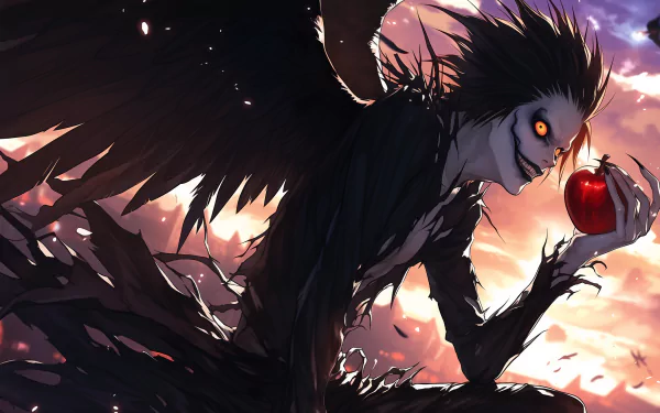 HD desktop wallpaper featuring Ryuk from Death Note, set against a dynamic sunset background, with Ryuk holding a red apple. Anime-inspired artwork.