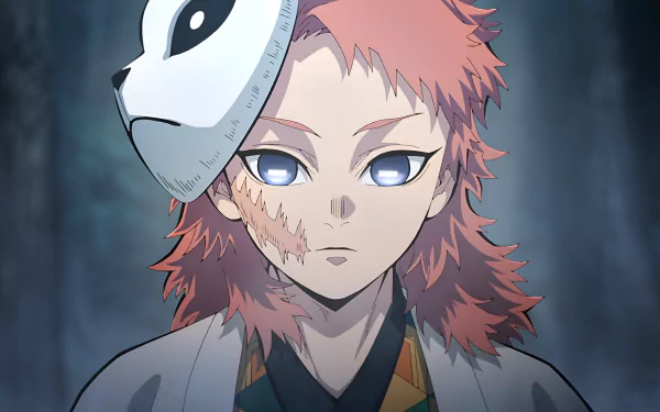 4K Ultra HD anime wallpaper featuring Sabito from Demon Slayer: Kimetsu no Yaiba, showcasing his distinctive mask and intense gaze in a dark, atmospheric background.