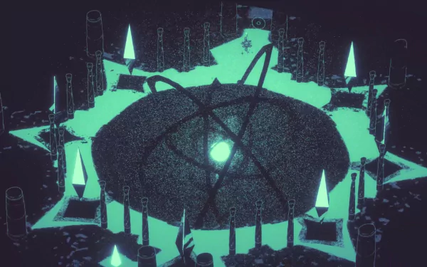 HD desktop wallpaper from the video game Hauntii, featuring a glowing, ethereal design with geometric shapes and neon lights.