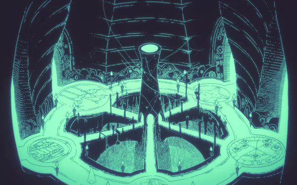 An HD desktop wallpaper featuring intricate artwork from the video game Hauntii. The image showcases a mysterious, glowing, maze-like structure with various pathways and chambers.
