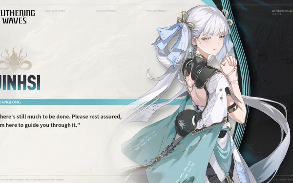 HD desktop wallpaper featuring Jinhsi from the video game Wuthering Waves, showcasing her character with a serene expression and a message of guidance and reassurance.