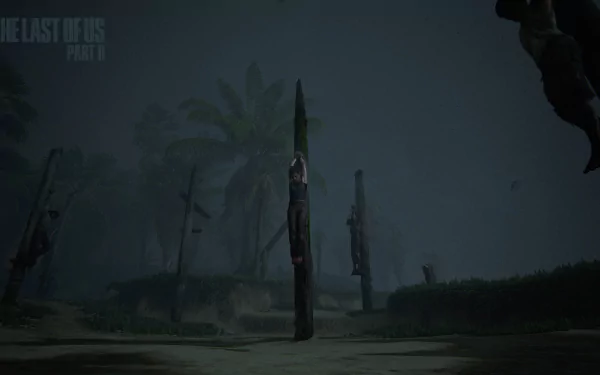 4K Ultra HD wallpaper featuring Abby Anderson from The Last of Us Part II, standing in a dark, foggy outdoor setting with eerie totem poles in the background.