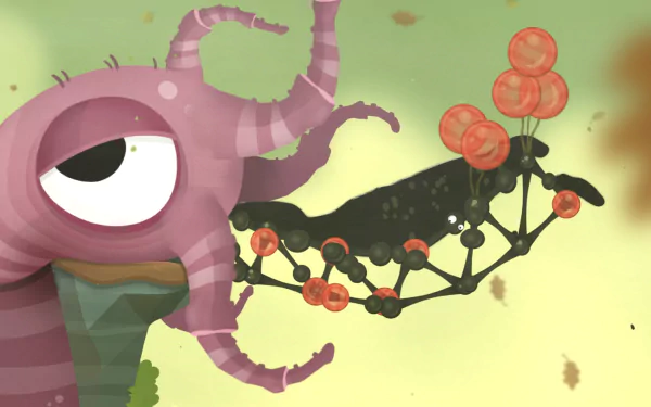 HD desktop wallpaper featuring a scene from the video game World of Goo 2, showcasing a pink, one-eyed creature alongside a structure made of interconnected goo balls on a light green background.