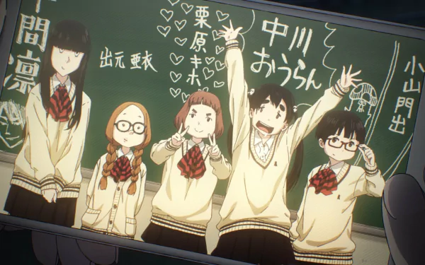 Anime characters from Dead Dead Demon's Dededede Destruction stand in front of a chalkboard with Japanese writing, providing an HD wallpaper and background for desktops.