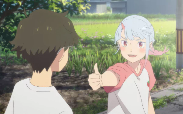 HD desktop wallpaper featuring characters from the anime 'My Oni Girl.' The image depicts a girl with white hair and horns giving a thumbs-up to a boy in an outdoor setting.