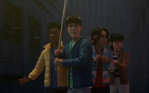 A HD desktop wallpaper from the TV show Jurassic World: Chaos Theory, featuring four animated characters looking cautious, set against a dark industrial background.