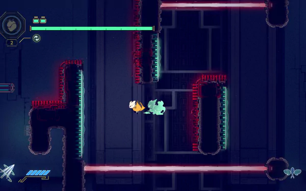 HD wallpaper featuring a scene from the video game Nine Sols, showcasing two characters navigating a dark, futuristic environment with glowing red barriers and intricate pathways.