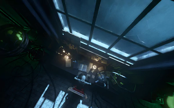 HD wallpaper of V Rising video game featuring a dark, atmospheric room with a large window, dimly illuminated by scattered light sources.