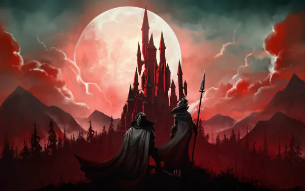 HD wallpaper of V Rising video game depicting two cloaked figures with a spear in front of a gothic castle illuminated by a massive, eerie red full moon. Dark mountains and forests surround them.