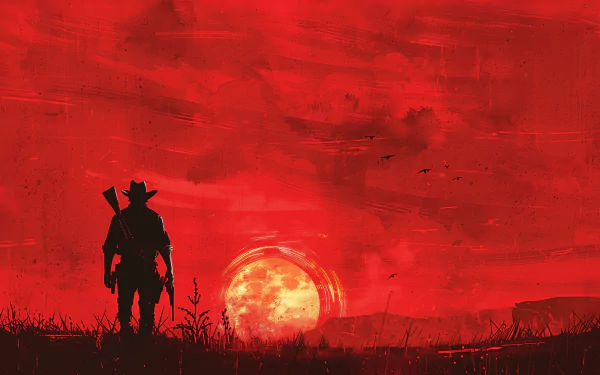 HD desktop wallpaper of Arthur Morgan from Red Dead Redemption 2, standing against a vibrant red sky during sunset, showcasing a classic cowboy scene from the video game Red Dead Redemption.