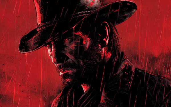 HD desktop wallpaper featuring Arthur Morgan from Red Dead Redemption 2, depicted in a red and black color scheme with raindrops.
